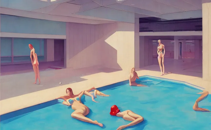 Prompt: Inside a big futuristic pool and ladies in bikini, very coherent, painted by Edward Hopper, Wayne Barlowe, painted by James Gilleard, airbrush, art by JamesJean