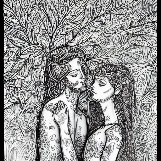 Image similar to lovers, detailed intricate sketch, 4k, illustration, cross hatched, black ink on white paper