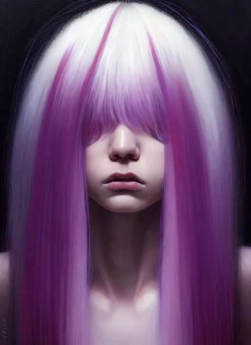 Image similar to hair whitebangs hair, black hair, whitebangs, portrait of teenage girl with white bangs, red irises, purple clothes, white bangs, bangs are different color from hair, intricate, elegant, glowing lights, highly detailed, digital painting, artstation, concept art, smooth, sharp focus, illustration, art by wlop, mars ravelo and greg rutkowski