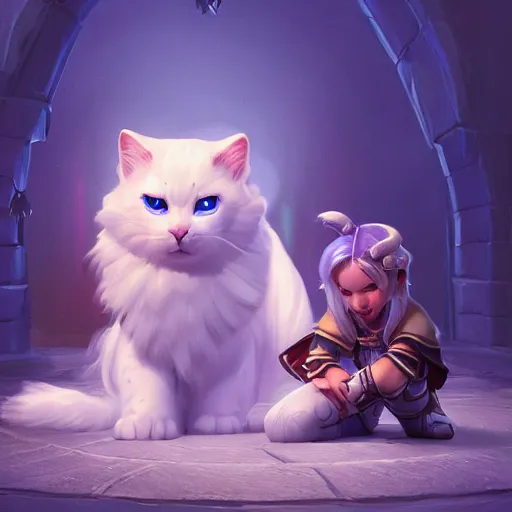 Image similar to jaina proudmoore pets a white kitty, world of warcraft, digital art, dmitry prozorov style, artstation, cute, happy, extremely detailed, volumetric lighting, ultra quality, 8 k