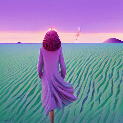 Image similar to portrait, giant purple dahlia flower head, girl walking between dunes, surreal photography, sunrise, blue sky, dramatic light, impressionist painting, digital painting, artstation, simon stalenhag