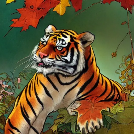 Image similar to a highly detailed cartoon tiger waving a leaf fan, autumn leaves on the ground, concise lines, ultradetailed environment, sharp focus, cinematic lighting, by alphonse maria mucha and kim jung gi