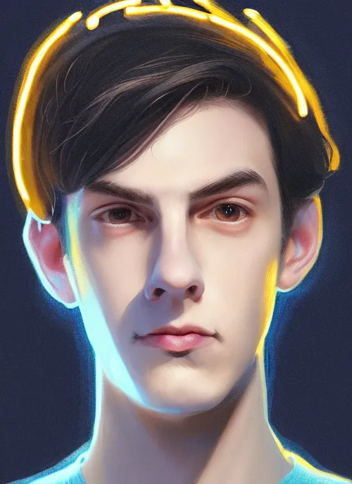 Image similar to portrait of teenage jughead jones wearing a light grey crown, crown, blue turtleneck, closed eyes, photorealistic, black hair, glowing lighting, intricate, elegant, glowing lights, highly detailed, digital painting, artstation, concept art, smooth, sharp focus, illustration, art by wlop, mars ravelo and greg rutkowski