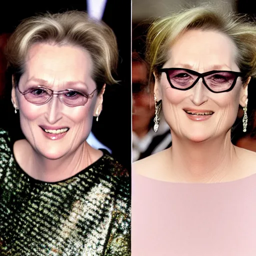 Image similar to Meryl Streep with a black eye and missing tooth