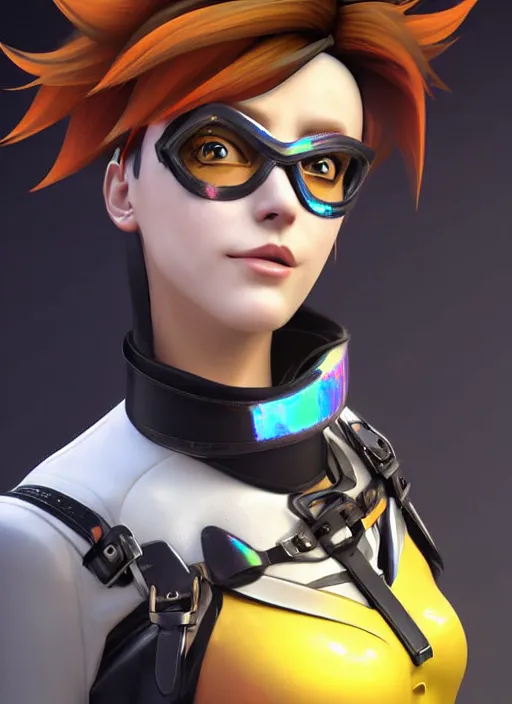 Image similar to portrait bust digital artwork of tracer overwatch, wearing white iridescent rainbow latex and leather straps catsuit outfit, 4 k, expressive happy smug expression, makeup, in style of mark arian, angel wings, wearing detailed black leather collar, chains, black leather harness, detailed face and eyes,