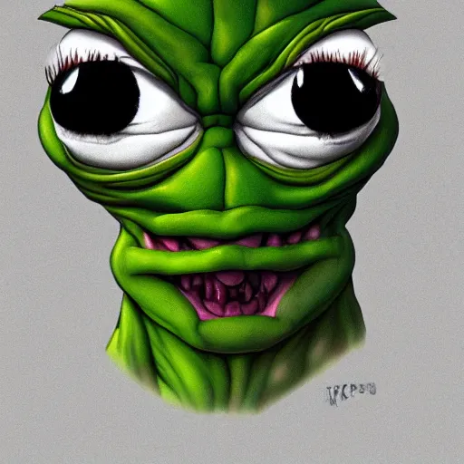 Image similar to sad furious angry pepe, horror, realistic, detailed, artstation