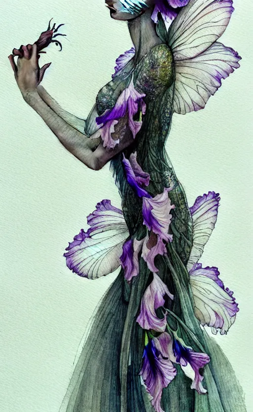 Prompt: study of a flower fairy, wearing iris van herpen dress, illustration, watercolor, alan lee, detailed, pretty, ethereal, realistic, artstation,