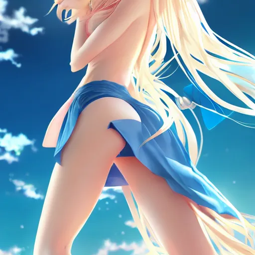Image similar to a very beautiful anime cute girl, full body, long wavy blond hair, sky blue eyes, full round face, short smile, bikini, miniskirt, front view, medium shot, mid-shot, highly detailed, cinematic wallpaper by Stanley Artgerm Lau