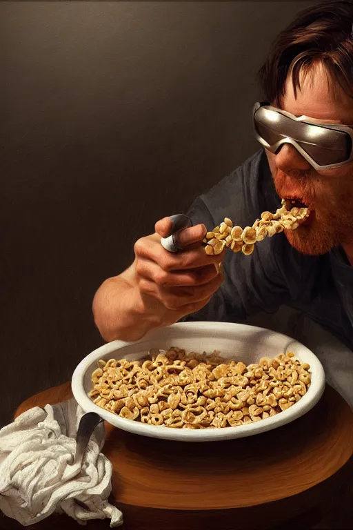 Image similar to cyclops eating cereal oil on canvas, intricate, portrait, 8k highly professionally detailed, HDR, CGsociety