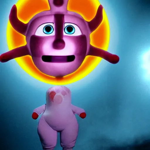 Prompt: sun from teletubbies with bloodshot eye, horror, creepy, dark