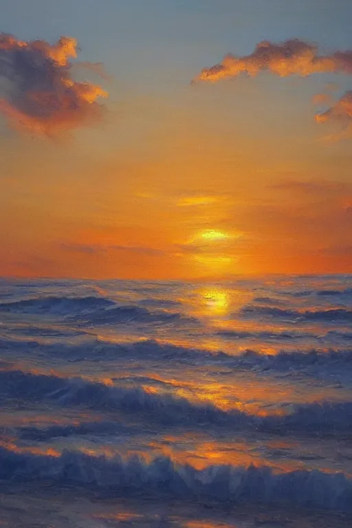 Prompt: beautiful sunset over the ocean, clear sharp oil paint highly detailed ethereal, by trending on artstation