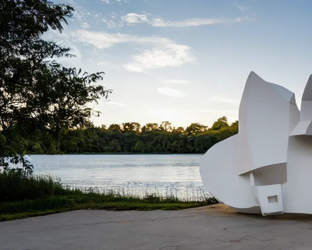 Prompt: photo of white minimalist abstract cubist sculpture of curvy spaceship with random small mecha mayan decorations, covered with few large white airplane parts with windows and doors, gigantic size, sunset lighting by a lake, the sculpture is reflected on the water