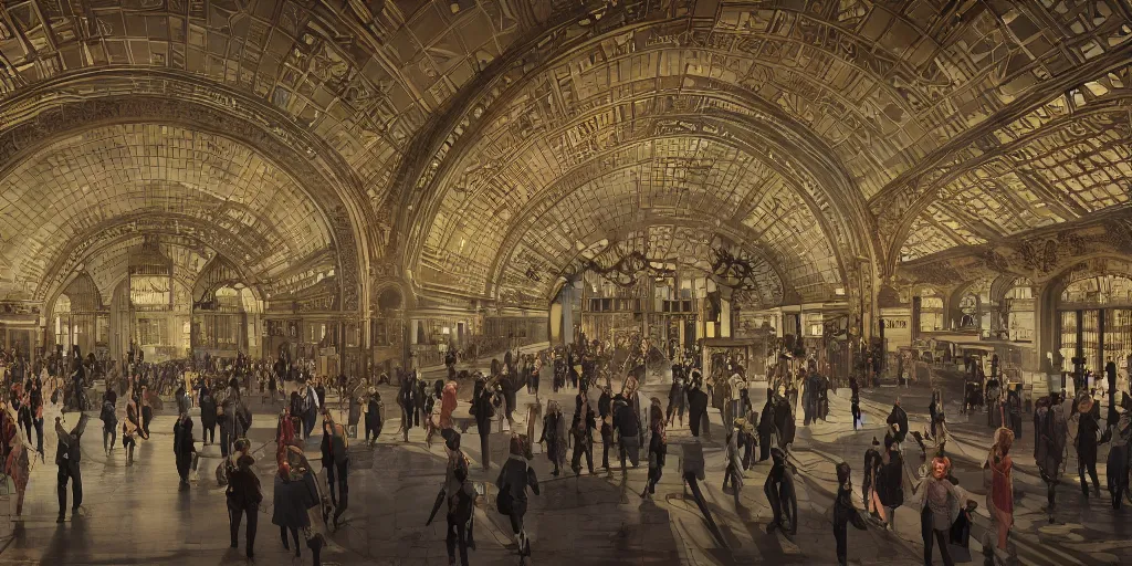 Image similar to cinematic movie scene, 200mm wide shot, precise architectural rendering, interior of victorian era railway station with ornate art nouveau architecture, bustling with people and, victorian architecture, emerald, crystalline, detailed illustration, sharp focus, concept art, unreal engine, octane render, god rays