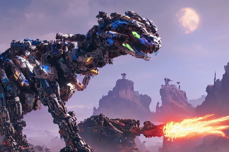 Image similar to slitherfang machine mecha animal beast robot of horizon forbidden west horizon zero dawn bioluminiscence global illumination ray tracing hdr fanart arstation by sung choi and eric pfeiffer and gabriel garza and casper konefal