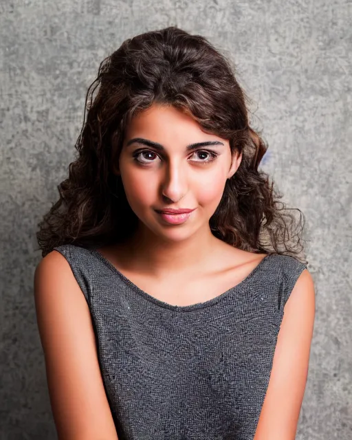 Image similar to a highly realistic, true to life portrait of a beautiful young middle eastern girl, with a symmetrical face, sharp focus, from the waist up, with sharp features, a beautiful face, soft smile, under studio lighting, taken with a canon eos camera with 1 3 5 mm focal length