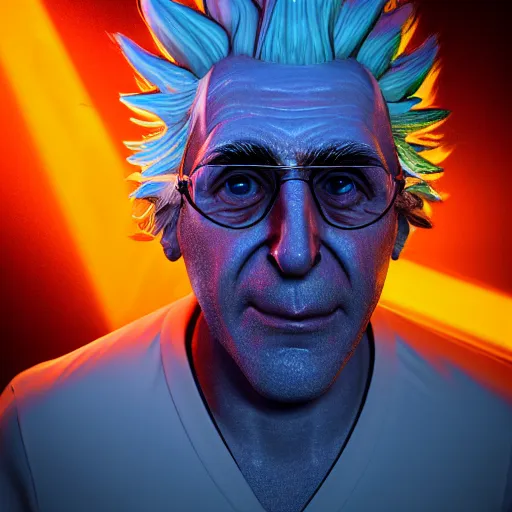 Image similar to portrait of old shaved rick sanchez, lab coat and tee shirt, lens flare, atmosphere, glow, detailed, intricate, full of colour, cinematic lighting, trending on artstation, 4 k, hyperrealistic, focused, extreme details, unreal engine 5, cinematic, masterpiece