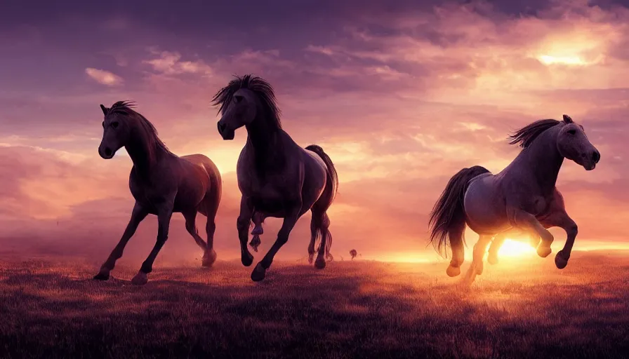 Prompt: horses running on the plain, great sunset behind, hyperdetailed, artstation, cgsociety, 8 k