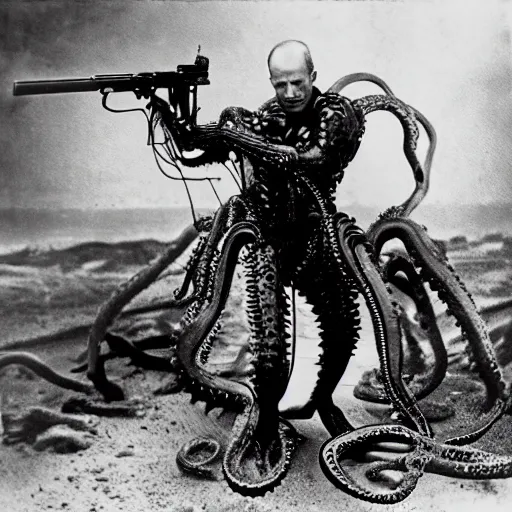 Prompt: old black and white photo, 1 9 1 3, depicting bruce willis in combat armor with guns, shooting biomechanical octopus, historical record, tentacles around