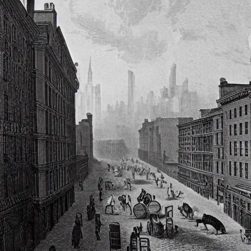 Image similar to photograph of a new york city street in 1 8 0 0