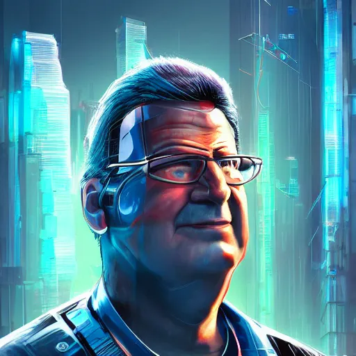 Image similar to cyberpunk phil swift as the leader of a futuristic communist nation, cybernetics, sharp lines, digital, artstation, colored in