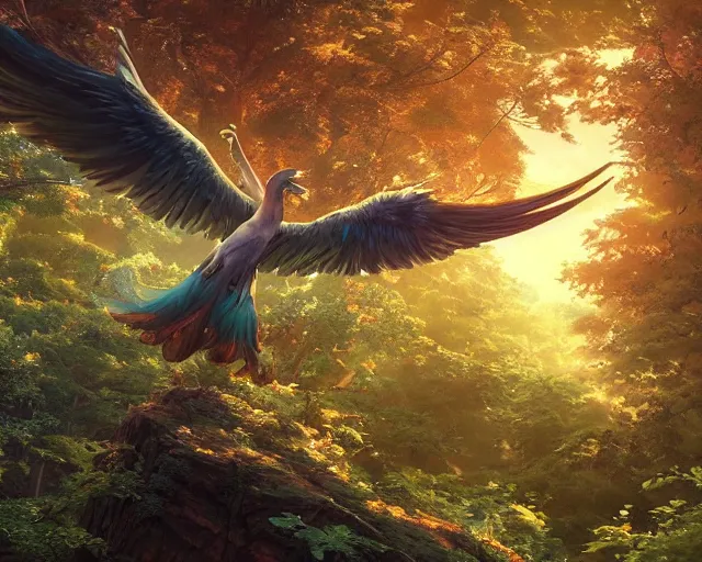 Prompt: a phoenix with two wings flying though a forest, wide, trees, streams, matte painting, digital illustration, very vibrant colors, soft lighting, adventurous, atmospheric lighting, 8K, octane render. By Makoto Shinkai, Stanley Artgerm Lau, WLOP, Rossdraws, James Jean, Andrei Riabovitchev, Marc Simonetti, krenz cushart, Sakimichan, D&D trending on ArtStation, digital art.