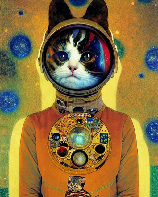 Image similar to cosmonaut cat portrait an oil painting splashes with many colors and shapes by gustav klimt greg rutkowski and alphonse mucha, polycount, generative art, psychedelic, fractalism, glitch art