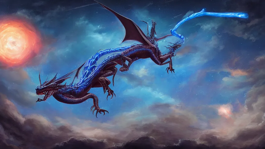 Prompt: surrealist painting of a dragon worm flying through the night sky, glowing blue, surrounded by brilliant stars, cinematic shot, fantasy artwork, award winning, hyper detailed, very very very very very very beautiful, studio lighting, artstation