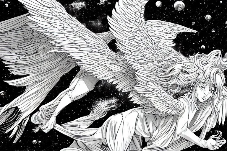 Prompt: angelic majestic winged lioness flying in outer space, black and white ink on paper, thick thick thick outlines, 8k high quality detailed character art, trending on art station and cgsociety, super wide angel, manga art, octane, by Eiichiro Oda