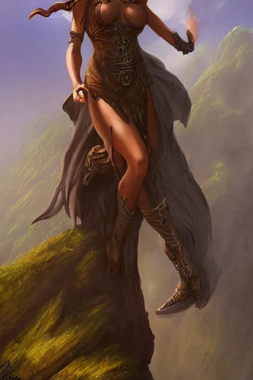 Image similar to a beautiful female wizard standing on a cliff, beautiful clothes, style of Boris Vallejo and Frank Frazetta, very detailed, fantasy art, trending on artstation and deviantart