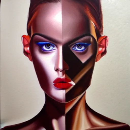 Image similar to fashion model with half robot face, hyperrealism oil painting