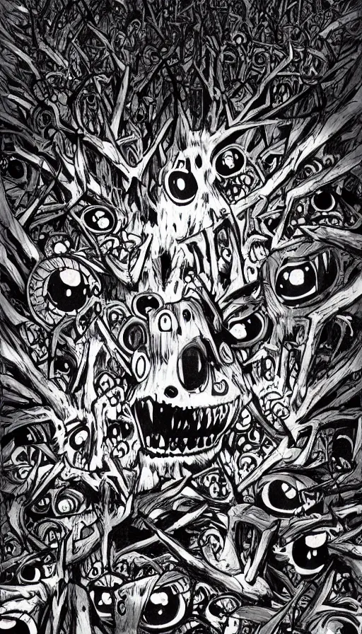 Image similar to a storm vortex made of many demonic eyes and teeth over a forest, by hideaki anno