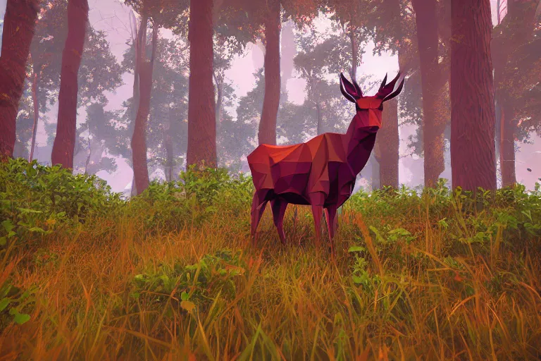 Image similar to super detailed lowpoly art, red deer in an undergrowth, unreal engine, retrowave color palette, 3 d render, lowpoly, earthy colors, digital art, perspective