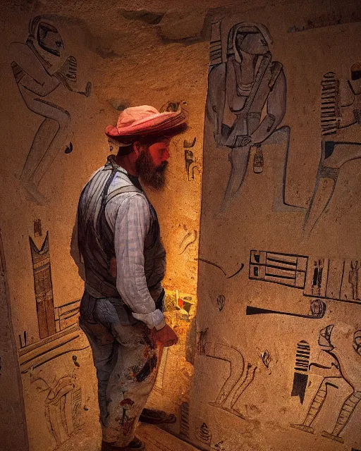 Image similar to detailed painting of an american lumberjack in the tomb of toutankhamon of egypt, deep focus, good lighting, rules of composition, intricate, greg rutkowski, magali villeneuve and monet