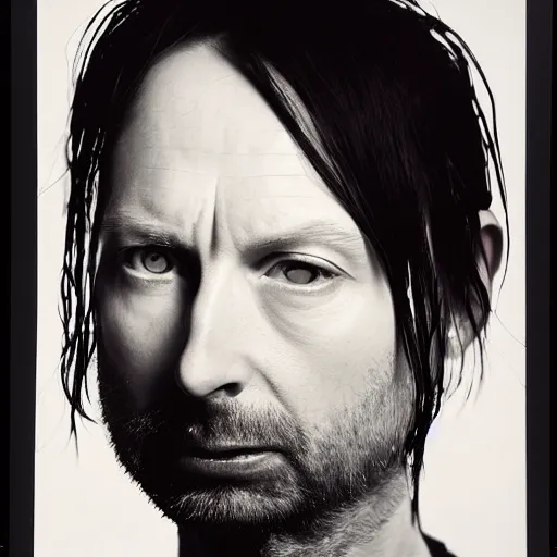 Image similar to Radiohead, Thom, with a beard and a black shirt, a computer rendering by Martin Schoeller, cgsociety, de stijl, uhd image, tintype photograph, studio portrait, 1990s, calotype