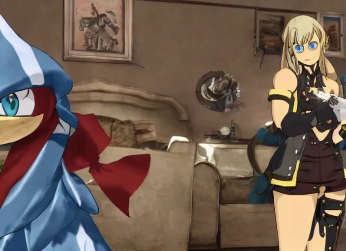 bridget from guilty gear finds a blue shark plush in a, Stable Diffusion