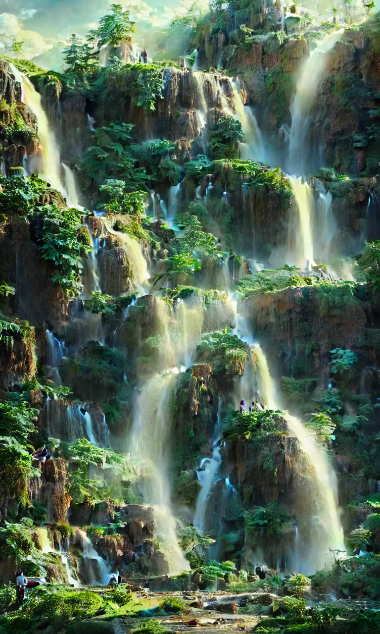 Prompt: beautiful big house waterfall flows down from the mountain, octane render, fabulous, hyper detailed, random cinematic view, no noise, global illumination, warm lighting, volumetric, godrays, vivid, beautiful, by jordan grimmer