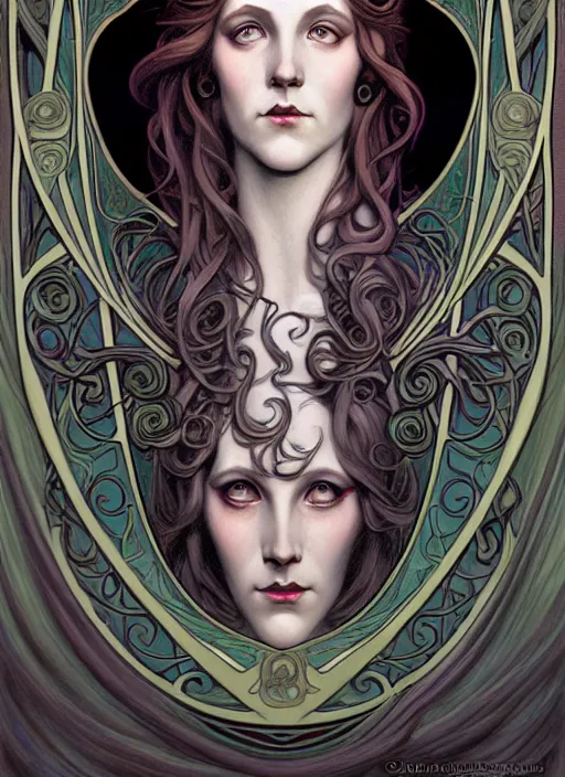 Prompt: an art nouveau, cthulu portrait in the style of charlie bowater, and in the style of donato giancola, and in the style of charles dulac. very large, clear, expressive, intelligent eyes. symmetrical, centered, ultrasharp focus, dramatic lighting, photorealistic digital painting, intricate ultra detailed background.