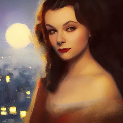 Image similar to closeup portrait of a young vivian leigh, dramatic lighting, city background, night, moon, chiaroscuro, high detail, painted by greg rutkowski, painted by igor kieryluk, painted by bobby chiu, trending on artstation