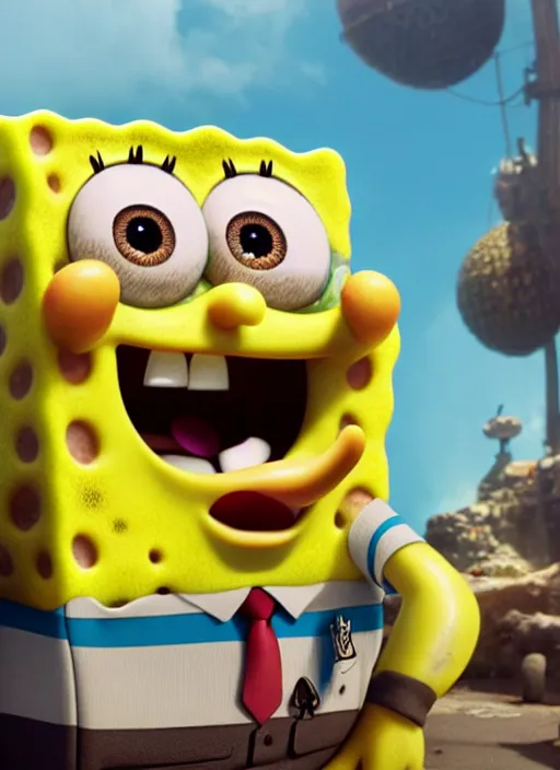 Image similar to spongebob with the face of samuel l jackson, digital art, fantasy art, octane render, unreal engine, high detail, very realistic, by greg rutkowski. by james gurney