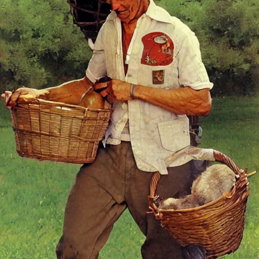 Prompt: a tank - like, fair skinned man with large ears and a big nose. he has frizzy, black hair, seems boring, has long, neat mutton chops, and he has a large scab on his left ear. he is carrying a basket. realism. photo realistic. norman rockwell. repin