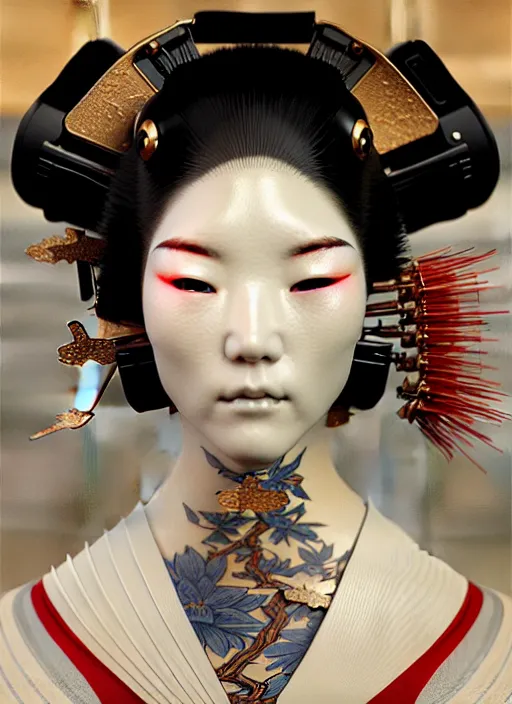 Image similar to Japanese cyborg geisha, face opening, diffuse lighting, fantasy, intricate, elegant, highly detailed, lifelike, photorealistic, digital painting, artstation, illustration, concept art, smooth, sharp focus, art by John Collier and Albert Aublet and Krenz Cushart and Artem Demura and Alphonse Mucha