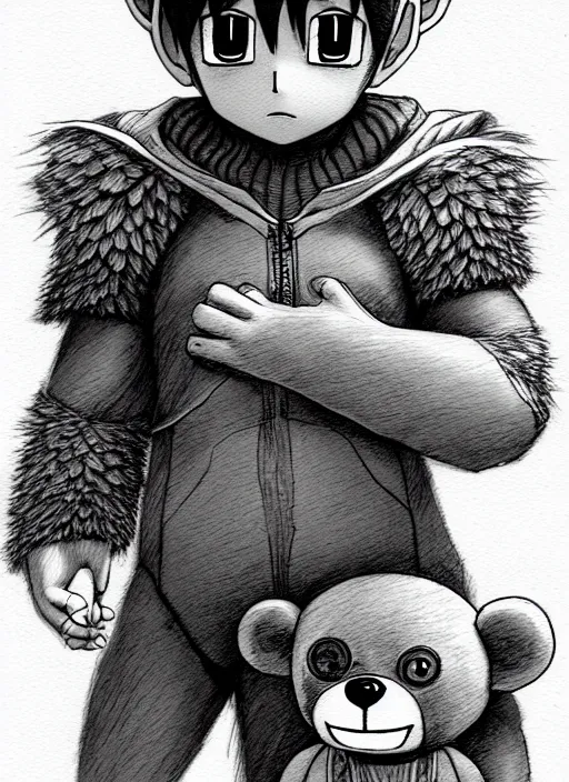 Image similar to beautiful little boy wearing an cyborg bear suit, artwork in kentaro miura and made in abyss and rosdraws, smooth, beautiful lightness, anatomically correct, trending on pixiv, forest