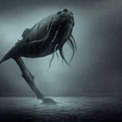 Image similar to sea monster, wide angle, pov underwater, abomination, pale skin, dark and foggy water, misty, dark, dramatic,'silent hill ', big eyes, terrifying, horrific, cinematic