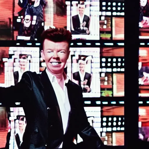 Image similar to rick astley's dance is shown on the tv screens, screens everywhere