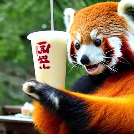 Prompt: red panda drinks bubble tea