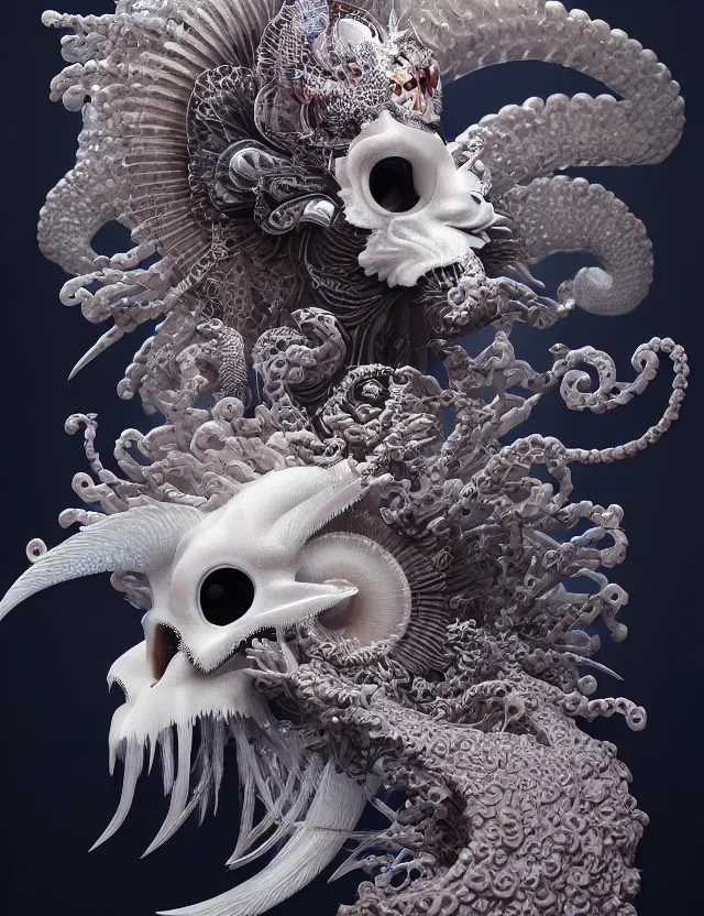 Image similar to 3 d goddess close - up profile portrait ram skull. beautiful intricately detailed japanese crow kitsune mask and clasical japanese kimono. betta fish, jellyfish phoenix, bio luminescent, plasma, ice, water, wind, creature, artwork by tooth wu and wlop and beeple and greg rutkowski