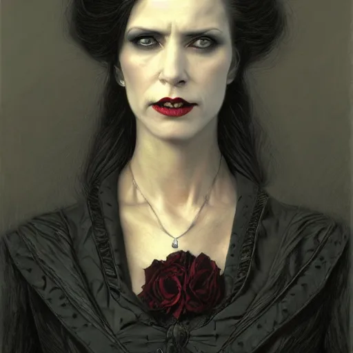 Image similar to portrait of a lady vampire, 35mm, victorian, depth of field, ominous, sharp, highly detailed, photorealistic, realistic, unreal 5, high definition, 8k, deviantart, donato giancola, irwin penn