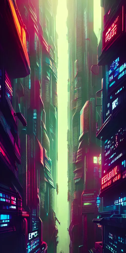 Image similar to epic cyberpunk cityscape : : blade runner, james guilleard, beeple, laurie greasley, dan mcpharlin : : ornate, dynamic, particulate, rich colors, intricate, elegant, highly detailed, centered, artstation, smooth, sharp focus, octane render, 3 d