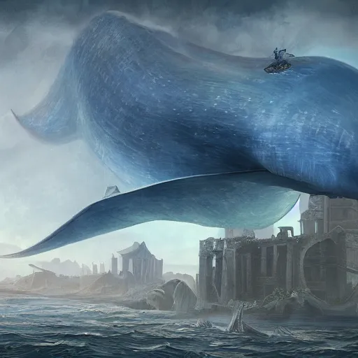 Prompt: A giant flying blue whale that has a city of ruins on it's back, fantasy art, cg artist