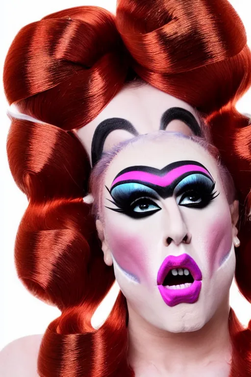 Prompt: 4k portrait of a drag queen (man in drag with shocked surprised expression) wearing: heavy drag makeup, huge long auburn wig styled in oversized pigtails with big pink bows